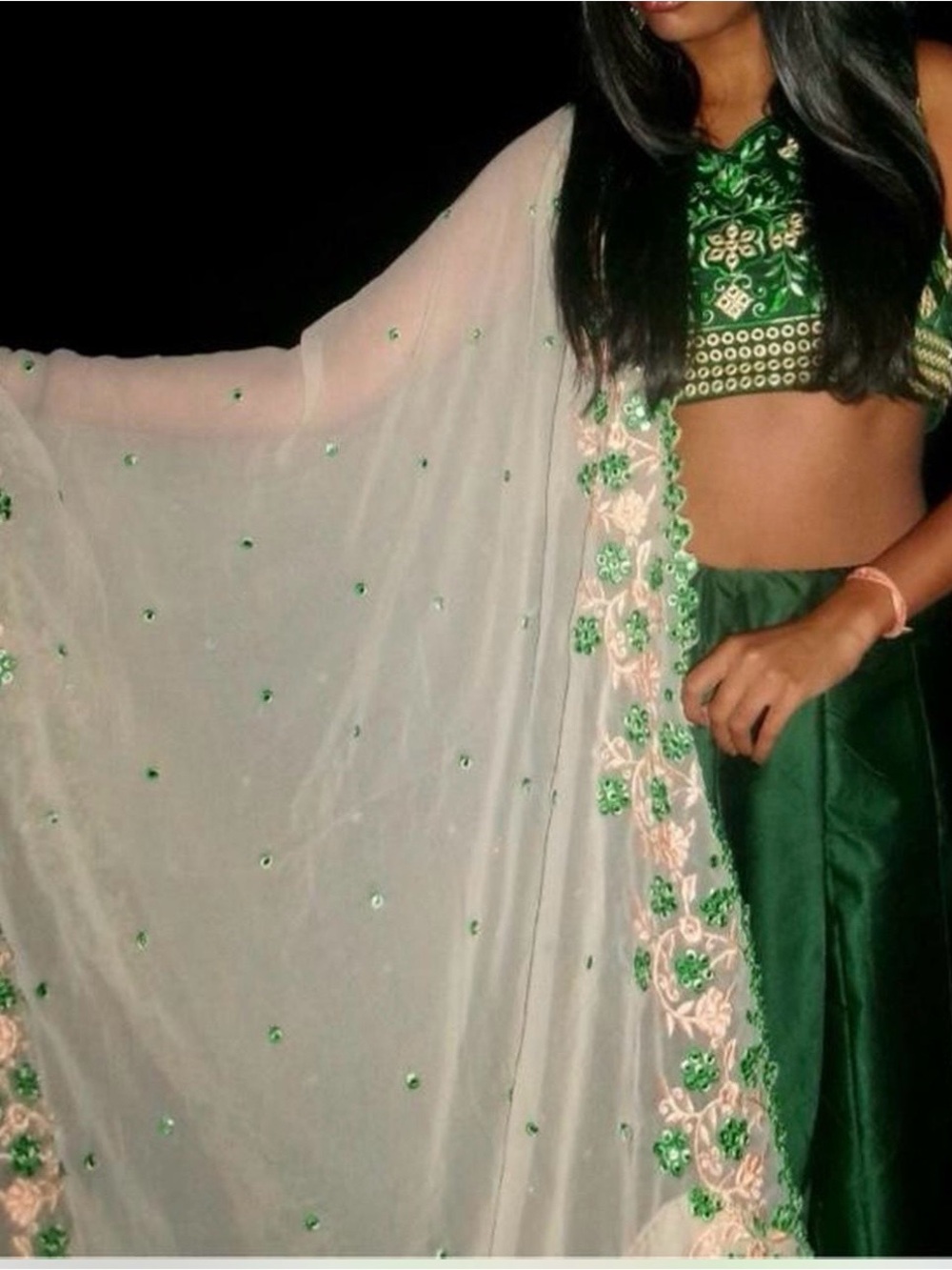 Green Embroidered Lehenga three piece Set with floral Dupatta large size
